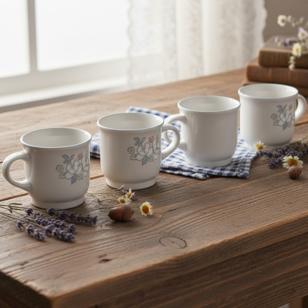 Chantilly Fleur de Lune Coffee Cups, Set of 4 Vintage Floral Stoneware Drinkware
